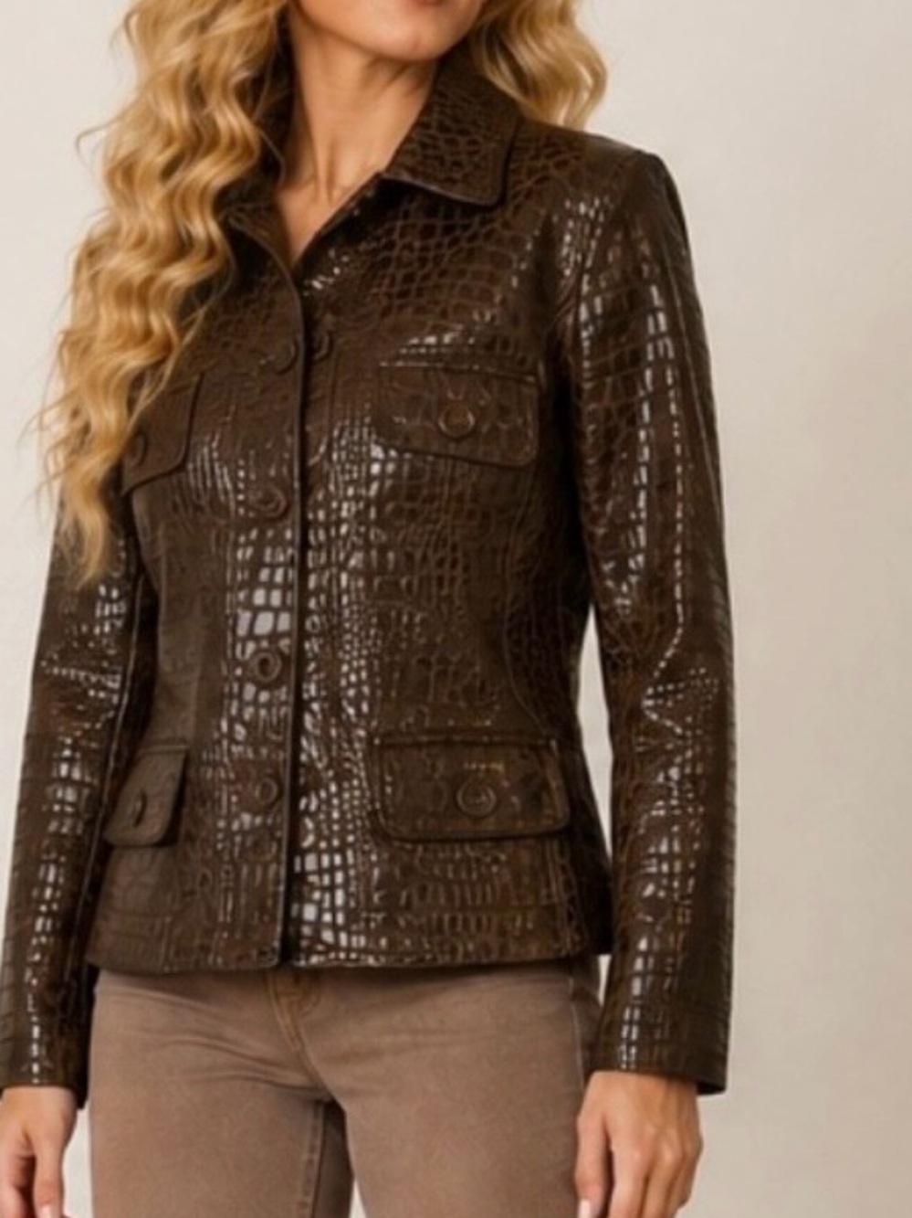 Newport News Brown Genuine Leather Croc Embossed Vintage Jacket sz 10